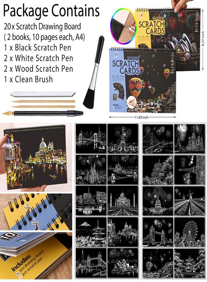 VTEAS 20 PCS Cityscape Scratch Art Book for Teen & Adults: DIY Colorful City Series Painting Paper | ASMR Stress-Relief Engraving Kit Scratchboard | DIY Sketch Card Creative Craft Toy (Rainbow Landmarks) - Image 3